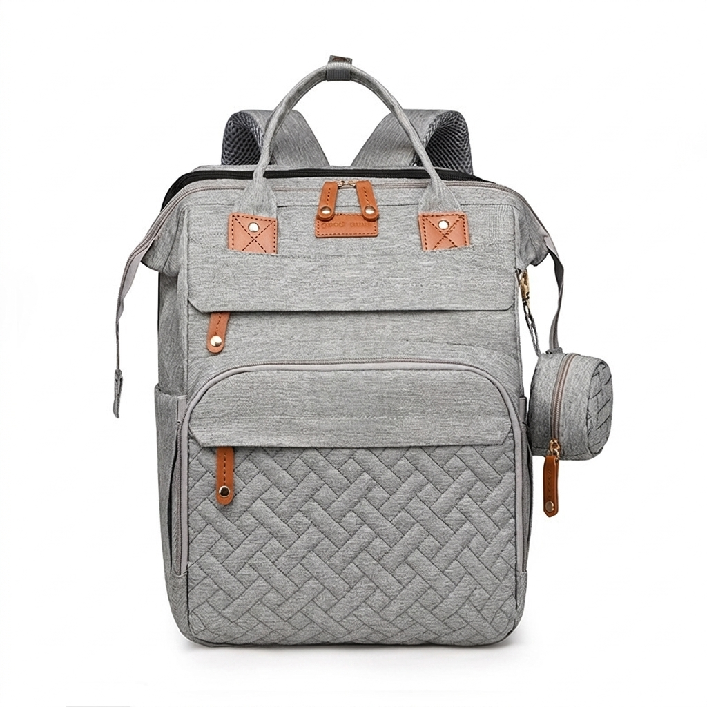 Cocon Mobile+ en gris chiné, vu de face, avec sa pochette ronde