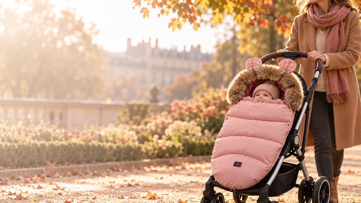 Promenade à Paris avec la chancelière Le Cocon sur la poussétte, ruban rose Octobre Rose