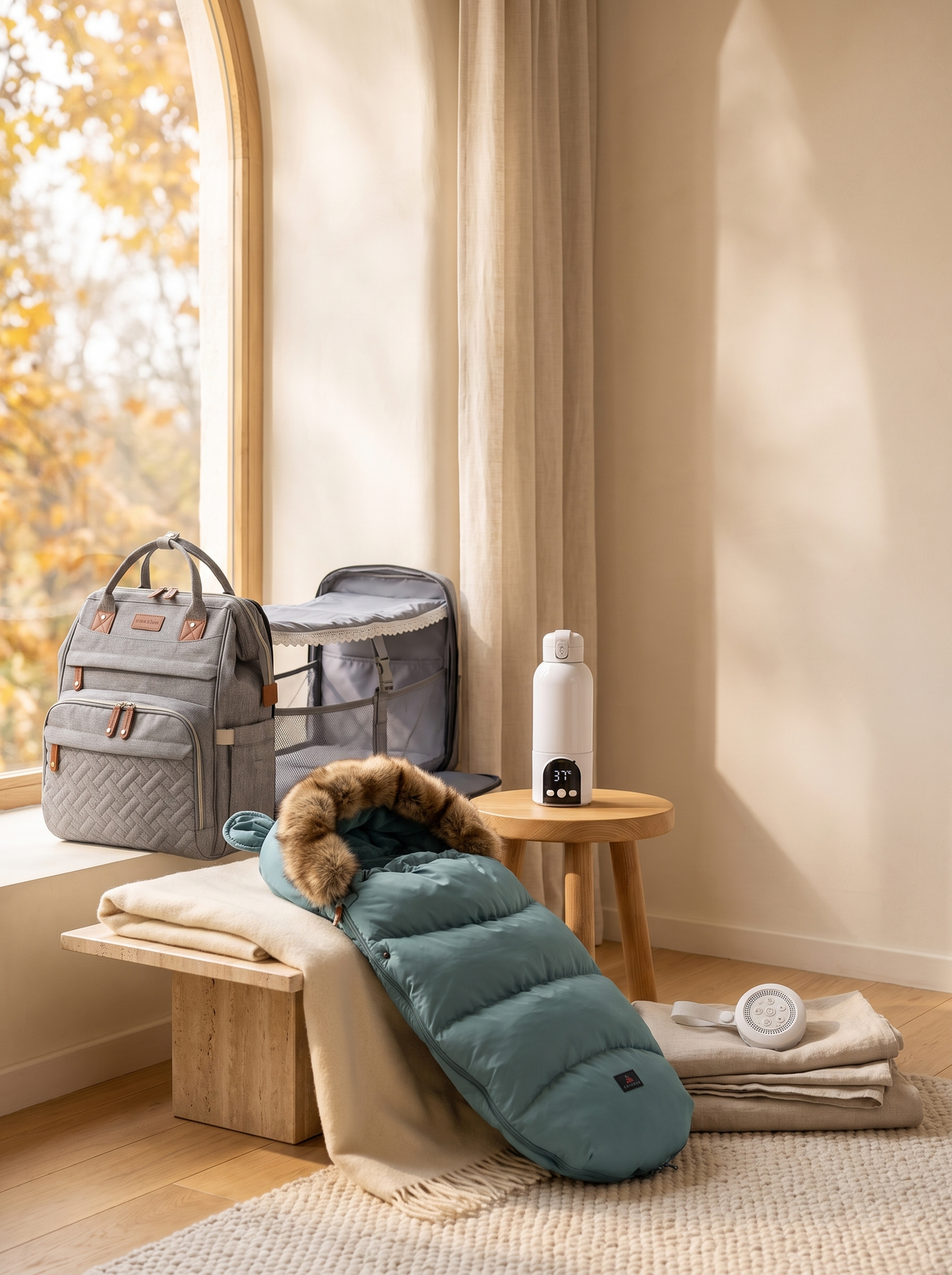 Le sac Cocon Mobile+, le Chauffe Câlin et la Douce Lune Nomade posés sur un coffre en bois, en fin de journée