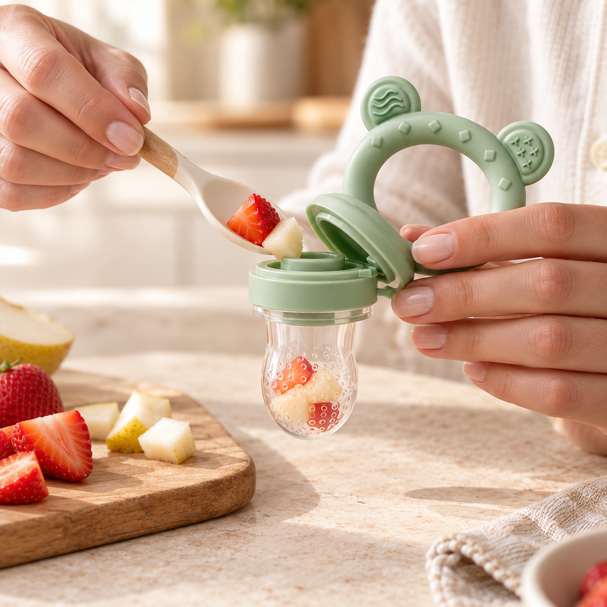 Remplissage de la tétine à mailles avec des morceaux de fruits frais
