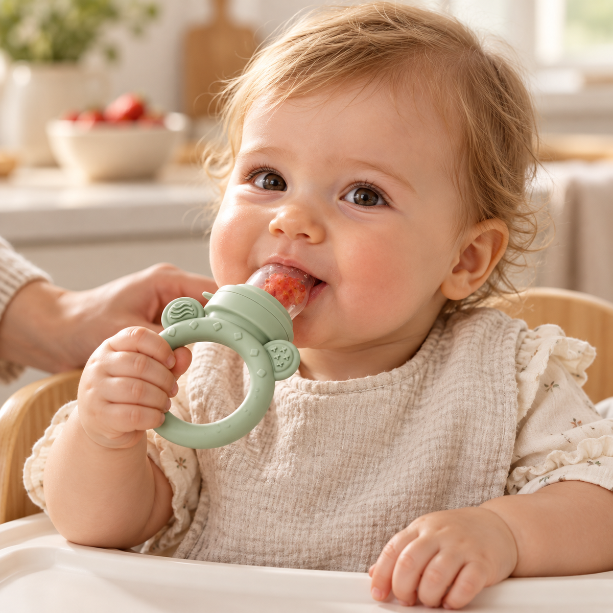 Bébé savoure la grignoteuse Première Bouchée, tenue par un parent
