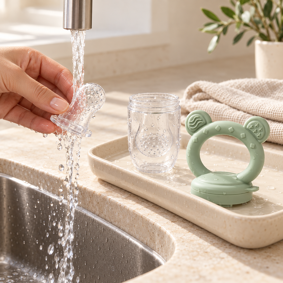 Rinçage de la tétine de la grignoteuse Première Bouchée sous l'eau du robinet