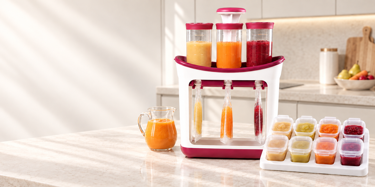 Station de remplissage Bouchée Douce, gourdes remplies de purée maison, sur un plan de travail