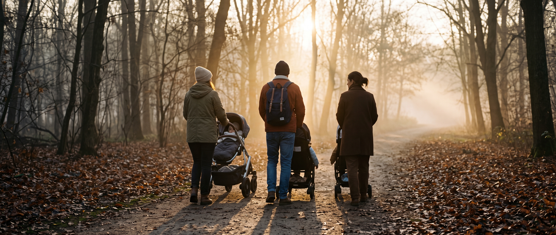 Une famille en promenade avec une poussette, dans la brume d’un matin d’automne